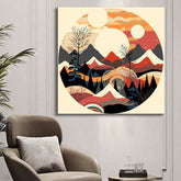Painting by numbers - Minimalist landscape poster: mountains, sun, day and night, boho midcentury